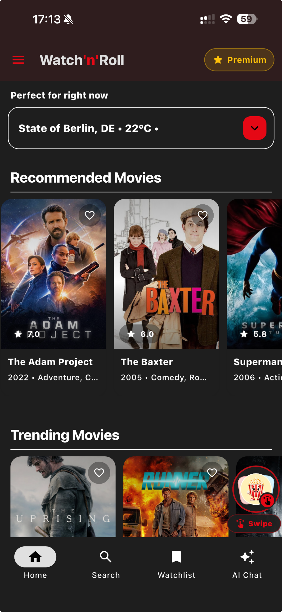 Watch'n'Roll app home screen showing recommendations and trending movies