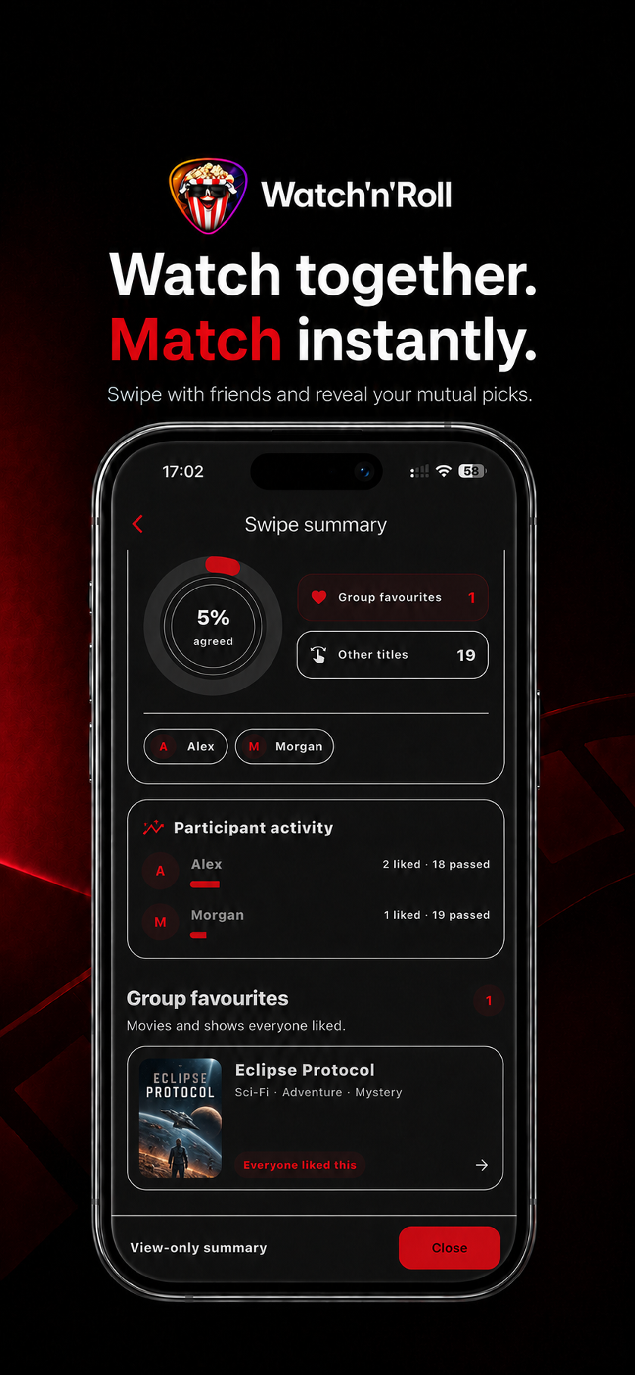 Watch'n'Roll friend swiping session and mutual matches