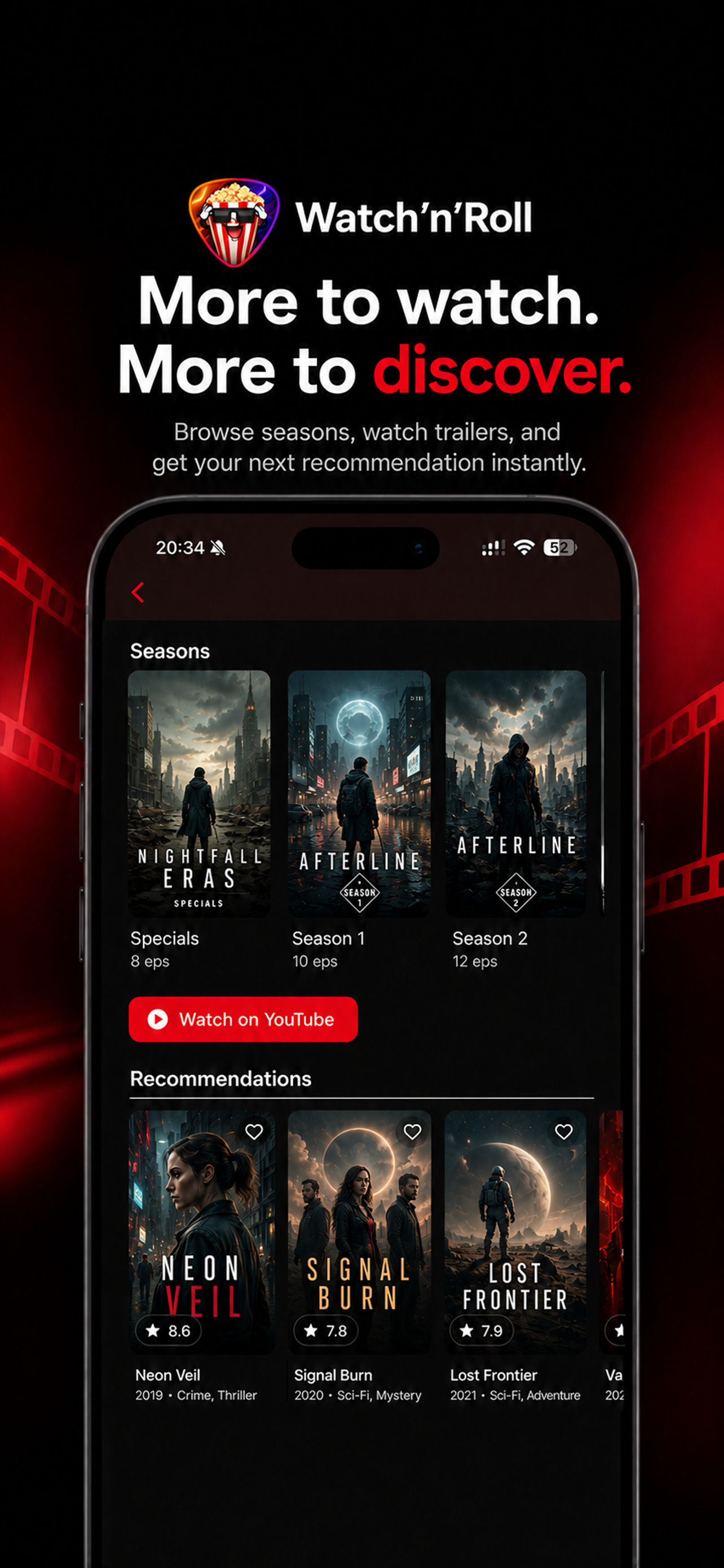 Watch'n'Roll TV seasons, trailers, and recommendations screen