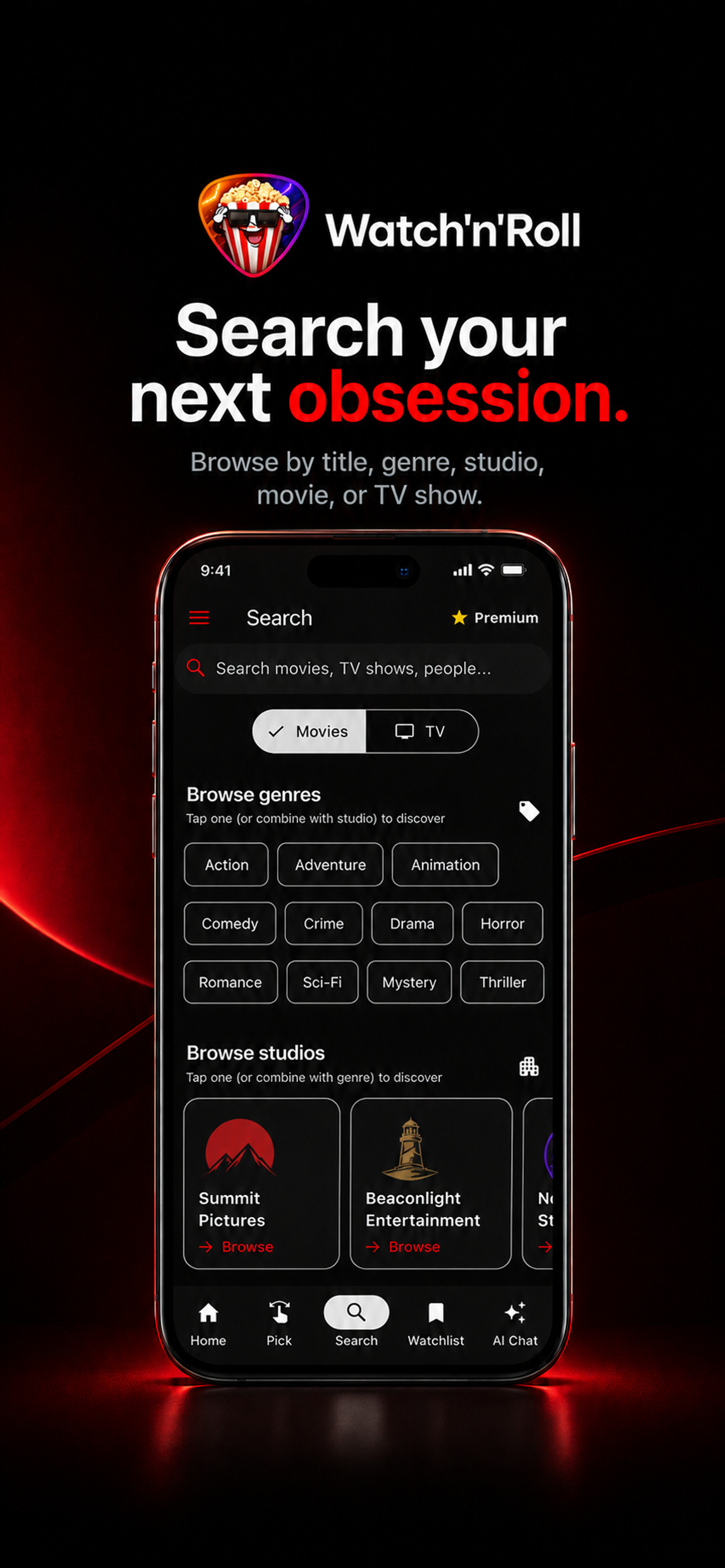 Watch'n'Roll movie and TV show search screen