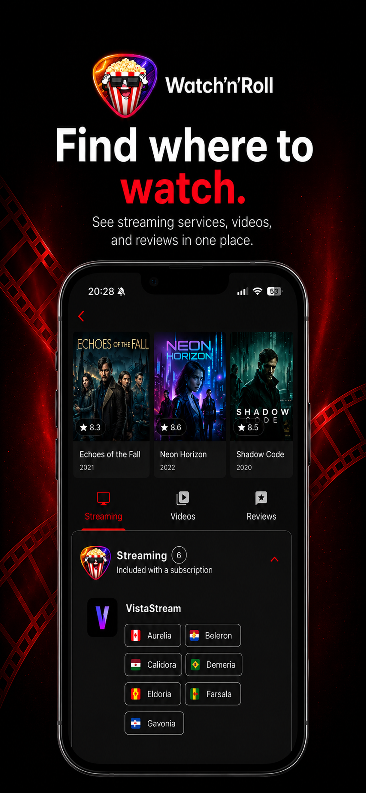 Watch'n'Roll streaming providers, videos, and reviews screen
