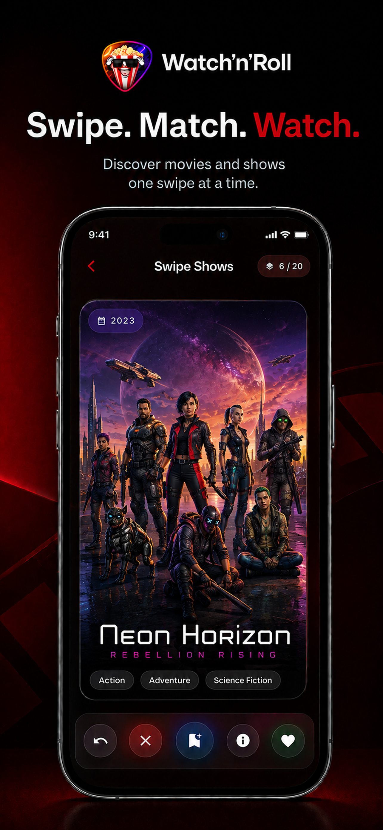 Watch'n'Roll movie and TV show swiping screen