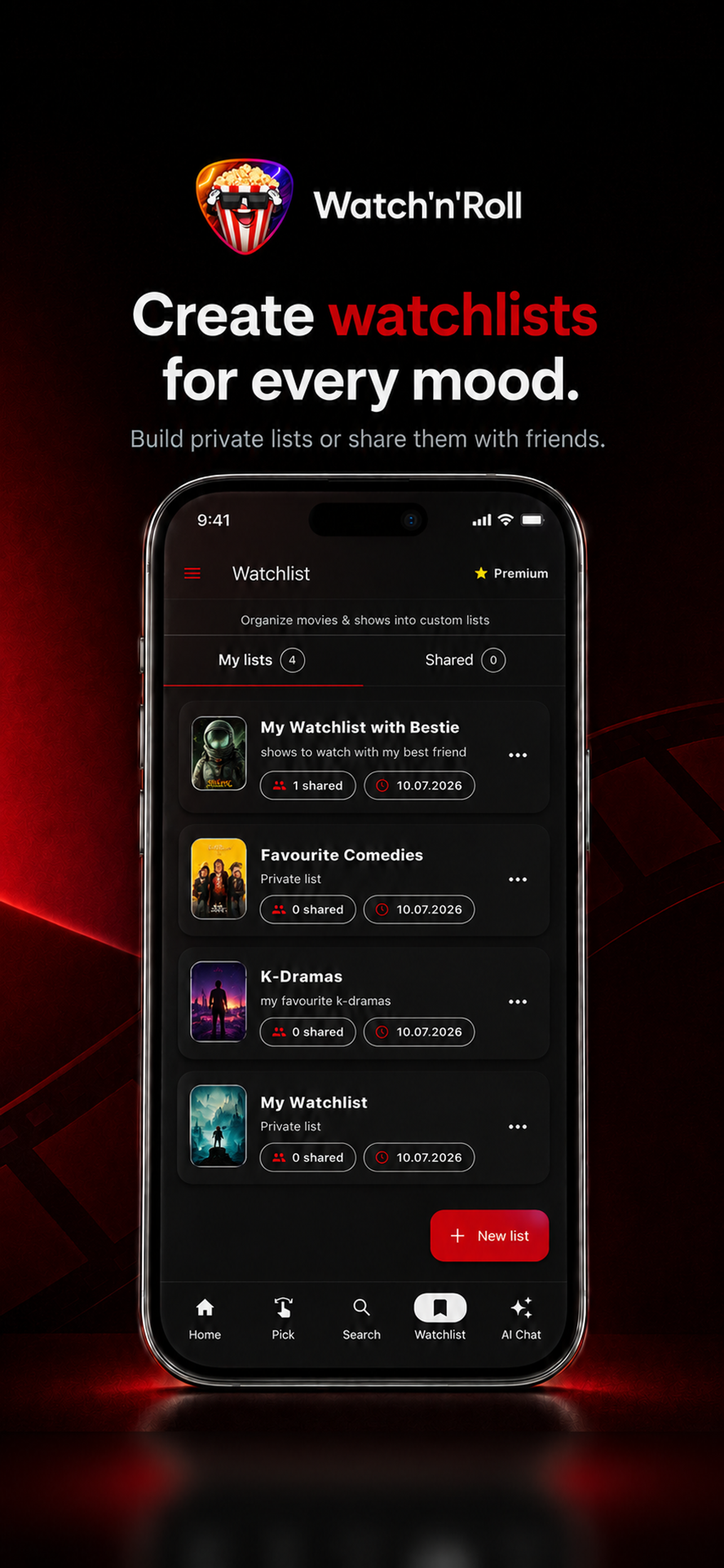Watch'n'Roll private and shared watchlists screen